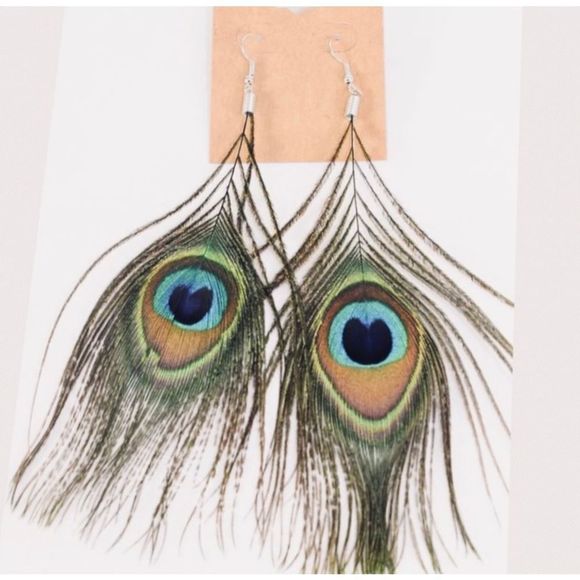 Peacock Bohemian Feather Earrings 5 inch drop - Picture 1 of 2